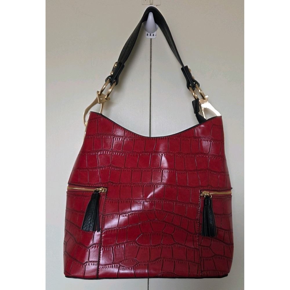JEN & CO. (Rochelle) Vegan Leather Hobo Bag Red/Black W/Gold Hardware ~ EUC ~